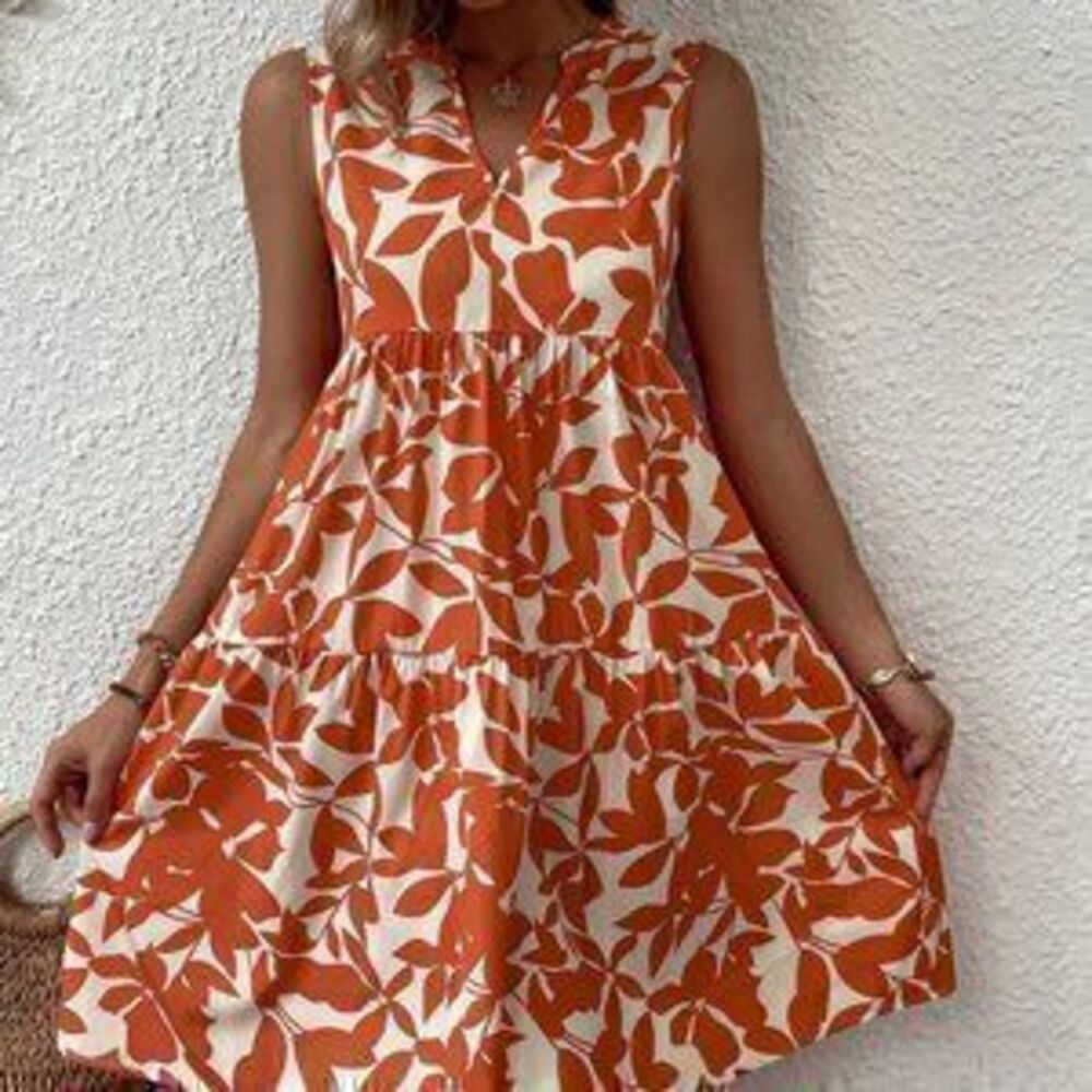 White & Orange Preppy Womens Allover Plant Print Notch Neck Ruffle Hem Dress - Picture 1 of 3